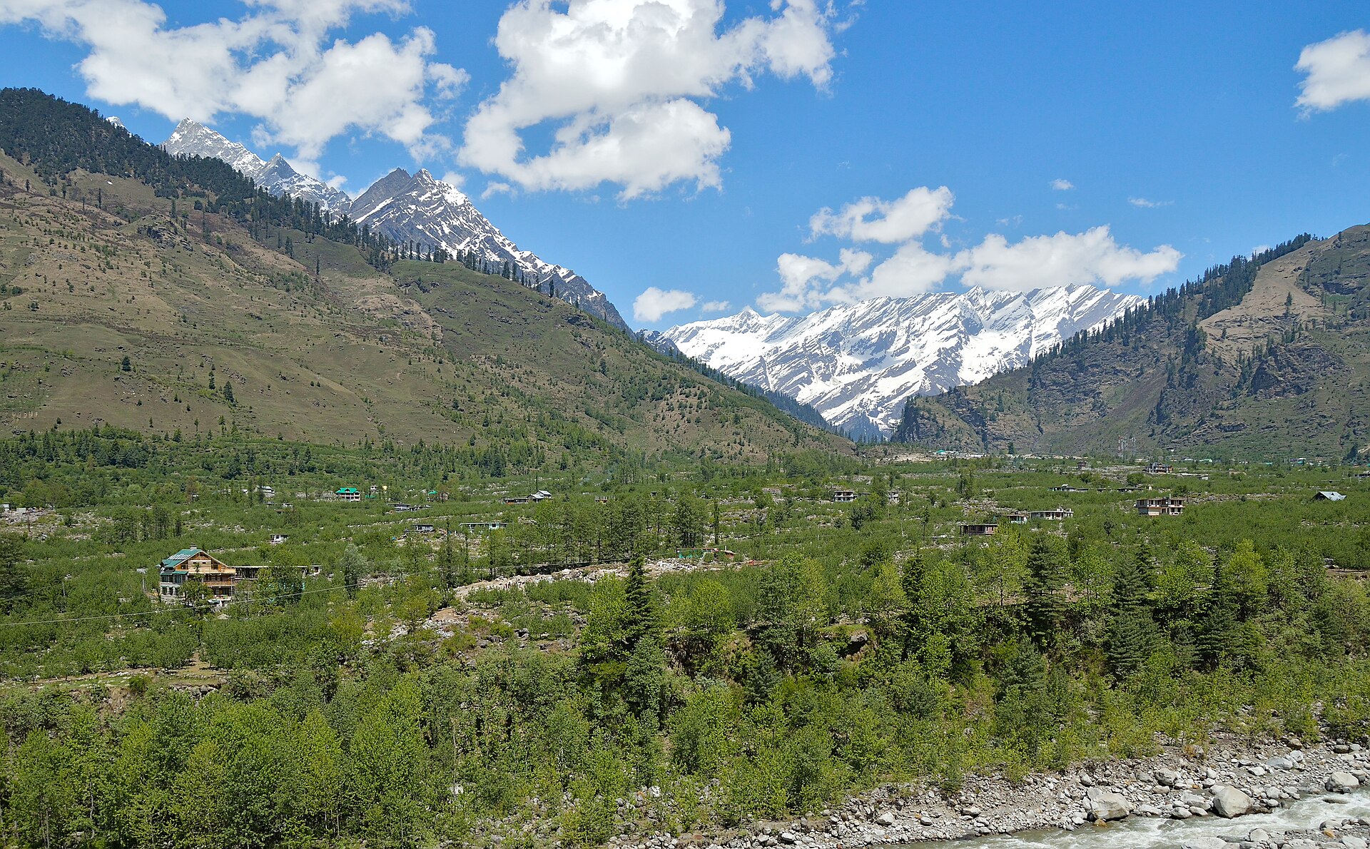The green Beas valley and snow-capped peaks above Manali in summer